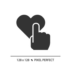 Like pixel perfect black glyph icon. Hand with heart. Reaction on social media post. Positive rating of service. Silhouette symbol on white space. Solid pictogram. Vector isolated illustration