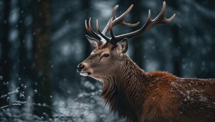 deer in winter snow forest , Generative AI