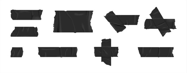 Set masking tape. Torn tape. Vector realistic black adhesive and grey masking tape pieces. Isolated vector illustration 10 eps.