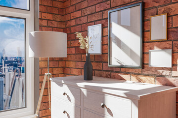 wooden modern dresser standing in room corner; daylight downtown skyline; mock up poster frame collage standing on furniture; home decoration desing; 3D Illustration