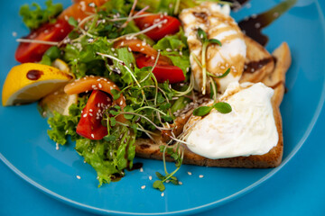 Healthy breakfast. Avocado and salmon, poached egg and toast, salad and vegetables. Microgreens on a plate. Food bowl. Lunch on a blue plate. Sauce and sesame seeds, lemon tomatoes. Top view.