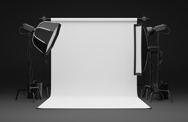 Empty Photography studio soft box flash lighting equipment blank paper backdrop background. mock up display product background. 3d rendering.