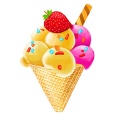 Watercolor and drawing for fresh sweet colorful strawberry and vanilla ice cream. Digital painting of homemade bakery, dessert and food illustration.