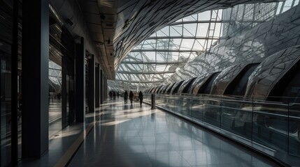 Fototapeta na wymiar Futuristic interior of a train station, Ai Generative.