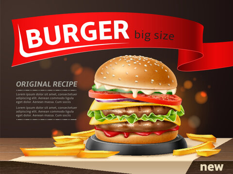 Burger ads. Realistic fast food, tasty hamburger advertising banner, sesame bun, grilled cutlets, cheese and fresh vegetables, delicious cheeseburger, banner or menu utter vector concept