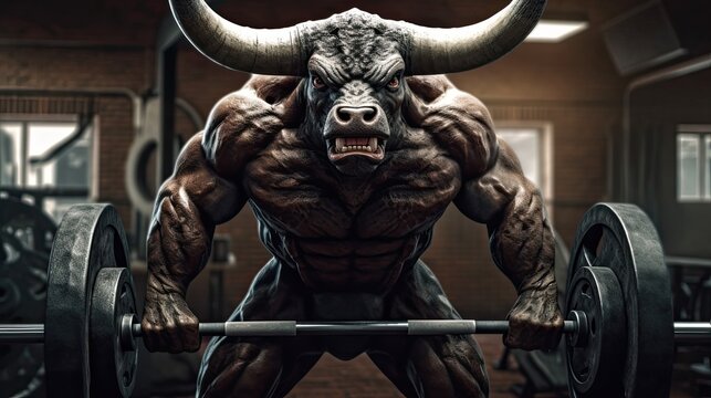 Fighting bull as a bodybuilder, weight training on the gym, Ai Generative.