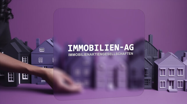 FII acronym text on the first plan. An hand moving a purple house model. AGs (REITs) in Germany. Translation of German Immobilien Aktiengesellschaften : Real Estate Investment Trust 