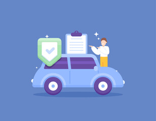 Fototapeta premium vehicle insurance and car warranty. Product protection that can cover loss, damage and loss of the vehicle. a man and a car with protection from accidents and from the risk of damage. illustration