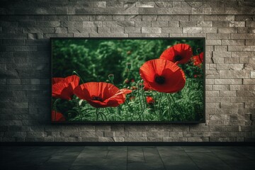 Vibrant coquelicot and green colors complement the stone, billboard, and grey frame on the lawn outside. Ground adds texture, and it's all online on this website. Generative AI