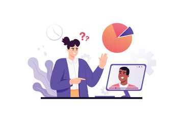 Violet concept Business webinar with people scene in the flat cartoon design. Business woman is chatting with her colleagues on the webinar. Vector illustration.