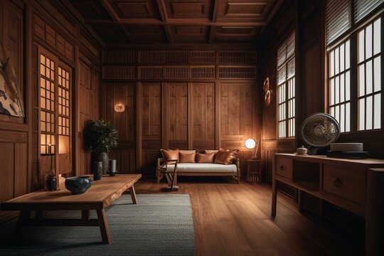 Wooden cabinet room with Japanese-style decor including sofa and armchair. Rendered in 3D. Generative AI