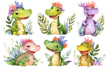 watercolor set illustration of cute crocodile isolated on white background Generative AI