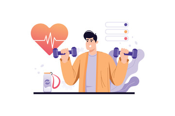 Fitness gym violet concept with people scene in the flat cartoon style. Man do physical exercises to keep his body in a good shape. Vector illustration.