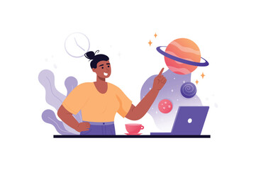 Open space violet concept with people scene in the flat cartoon style. Woman take part in scientific-research work and study open space. Vector illustration.