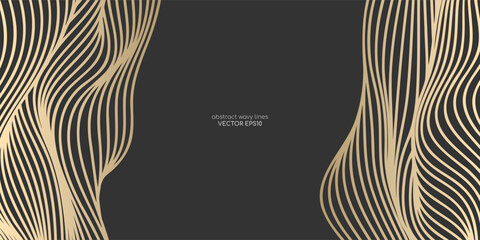 Vector abstract line art wavy smooth flowing dynamic gold gradient isolated black background in concept luxury, wave, ocean, mountain