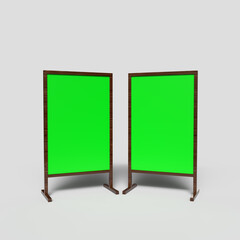 Blank green screen outdoor advertising board with wooden stand on floor, mock up template included clipping path