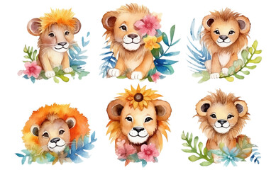 watercolor set illustration of wild cats lion tiger isolated on white background Generative AI