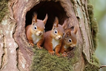A family of red squirrels in a tre