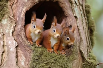 Crédence de cuisine en verre imprimé Écureuil A family of red squirrels in a tre