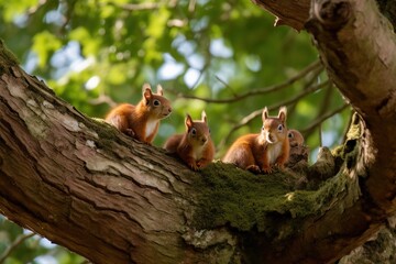 A family of red squirrels in a tre