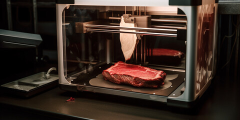 3D Lebensmitteldrucker Drucker erstellt essbares Fleisch aus Protein Patronen, ai generativ - obrazy, fototapety, plakaty
