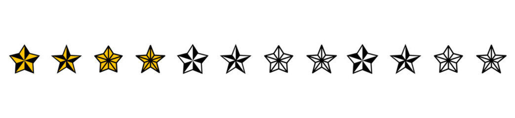 Set of 4 golden stars icons, stars of different shapes and colors, design element suitable for websites, stars set on white background