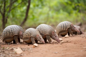 A group of armadillos foraging for foo