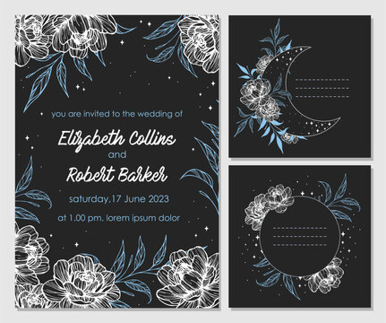 Star, moon and flowers themed wedding invitation vector template collection. Starry night cover design background. Gothic style.