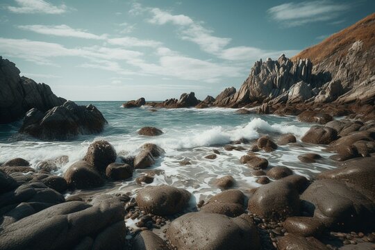 Majestic rocky shores met by the sea. Generative AI