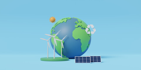 Fototapeta premium Green cartoon planet Earth on blue background. Green renewable energy and zero waste. Ecology and Environment concept. 3d rendering illustration