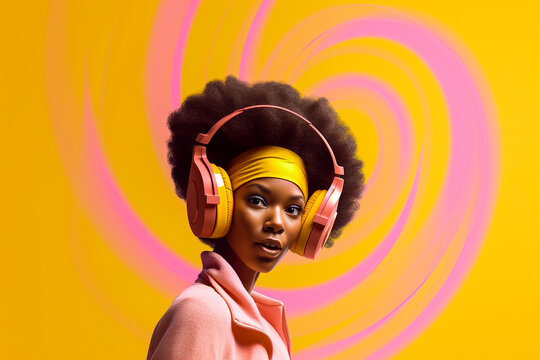 Generative AI illustration of Beautiful young black girl with afro hair listening to music on headphones