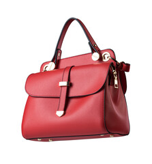 Red female leather bag on white background