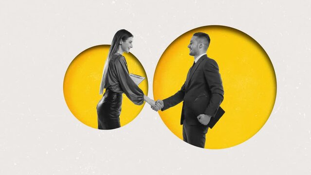 Stop motion, animation. Conceptual design. Professional cooperation. Man and woman, company leaders shaking hands. Deal. Partnership. Concept of business, creativity and imagination, team and growth