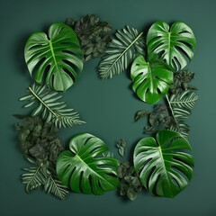 tropical monstera leaves set on a green background
