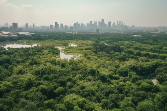 Bangkok's Benjakitti forest park accompanied by a city view. Generative AI