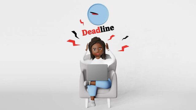 Deadline missing Scared stressed African American woman employee 3d animation loop working laptop video conference. Corporate meeting. Time management Diverse freelancer Schedule Planning Productivity