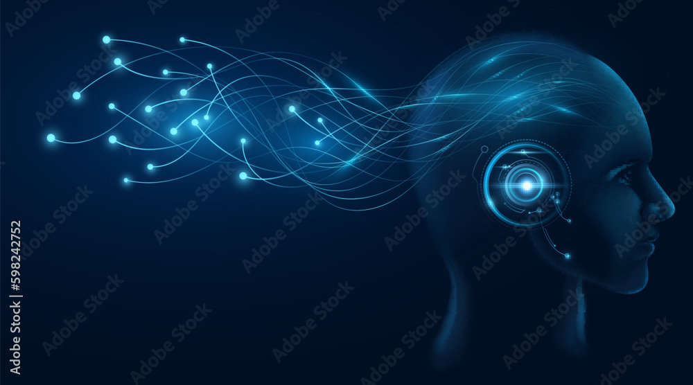 Poster modern cyborg with artificial intelligence analyzes data information with neural networks. cyberneti