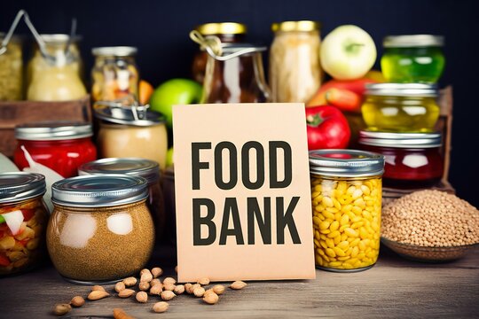 Various Foods for the poor people. Food for poor. Charity, donation and volunteering concept. Food bank. Generative AI