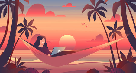 Girl in hammock with tablet works on tropical island beach at sunset. Freelance character on tropical resort. Summer sea vacation. Seashore background. Cartoon flat isolated vector concept