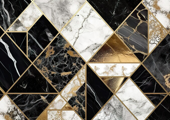Abstract background, modern marble mosaic, stone texture, black white gold marble tile, geometric fashion marbling illustration, art deco wallpaper. AI generated illustration