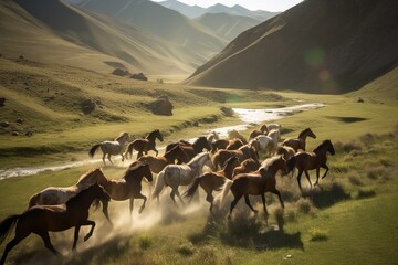 A herd of wild horses running through a valle