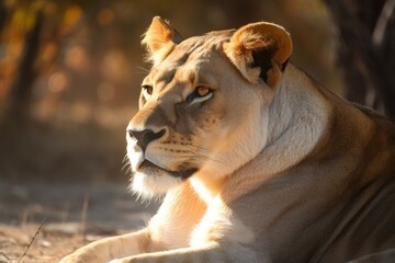 A majestic lioness lying in the su