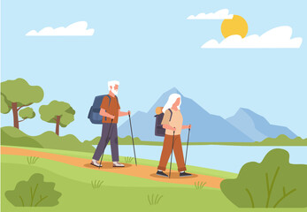 Obraz na płótnie Canvas Happy active elderly couple with backpacks traveling hiking trail. Grandmother and grandfather walking together. Old people outdoor activity. Cartoon flat style isolated vector concept