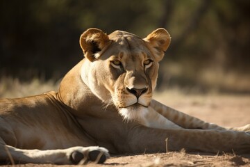 Obraz premium A majestic lioness lying in the su