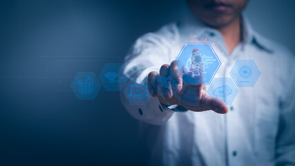 Concept of intelligent technology (Ai) or digital transformation management, businessman finger touching robot icon manage big data and business processes with technological innovations of future 5G