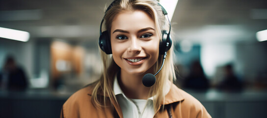 Friendly smiling operator young woman with headsets working in a call center. Created with Generative AI technology.