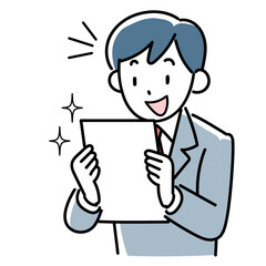 書類を見て喜ぶビジネスマンの上半身