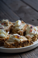 seven oats wheat bread topped with crab egg mayo