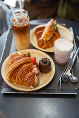 strawberry cream croissant with café latte