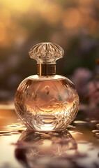 Generic perfume bottle reflected in water. Luxury concept. Created with Generative AI technology.